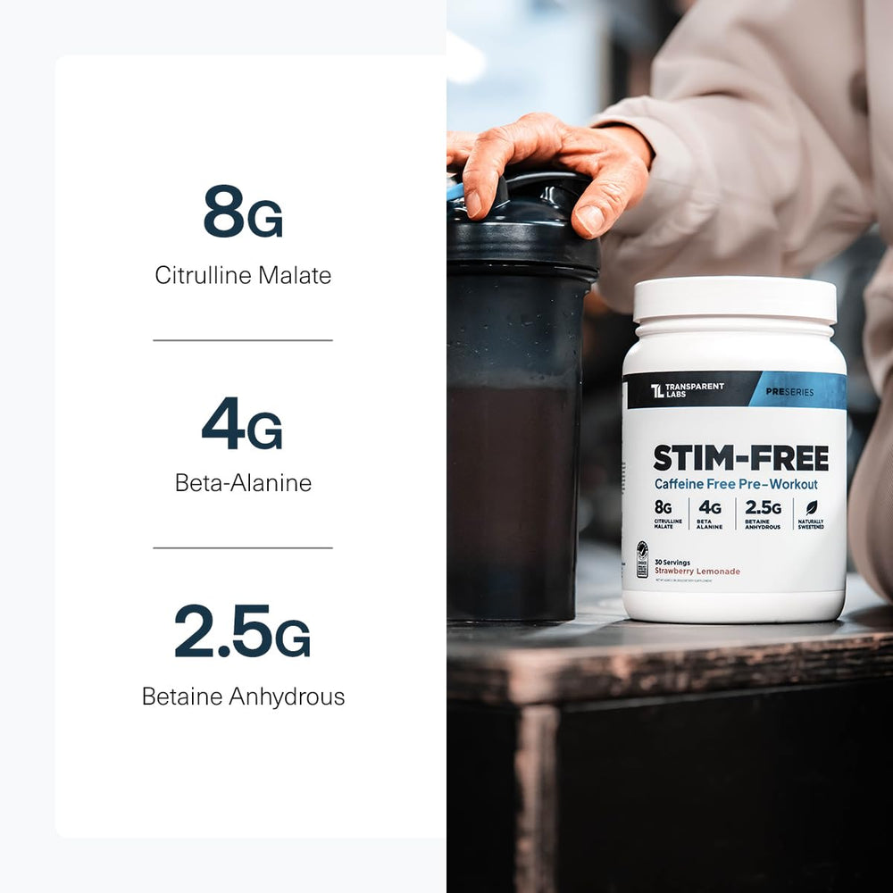 Transparent Labs Stim-Free Pre-Workout Tropical Punch label close-up with nutrition facts.