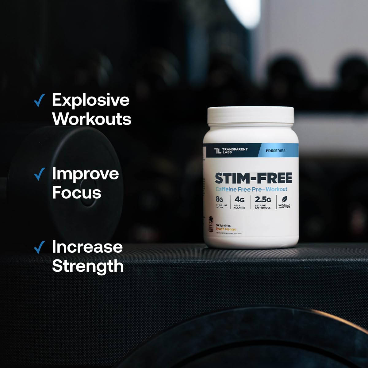 Transparent Labs Stim-Free Pre-Workout Tropical Punch bottle with serving spoon ready for use.