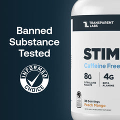 Transparent Labs Stim-Free Pre-Workout scoop shows precise dosing for caffeine-free training.
