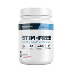 Transparent Labs Stim-Free Pre-Workout Tropical Punch tub highlighting stimulant-free formula for caffeine-free workouts.