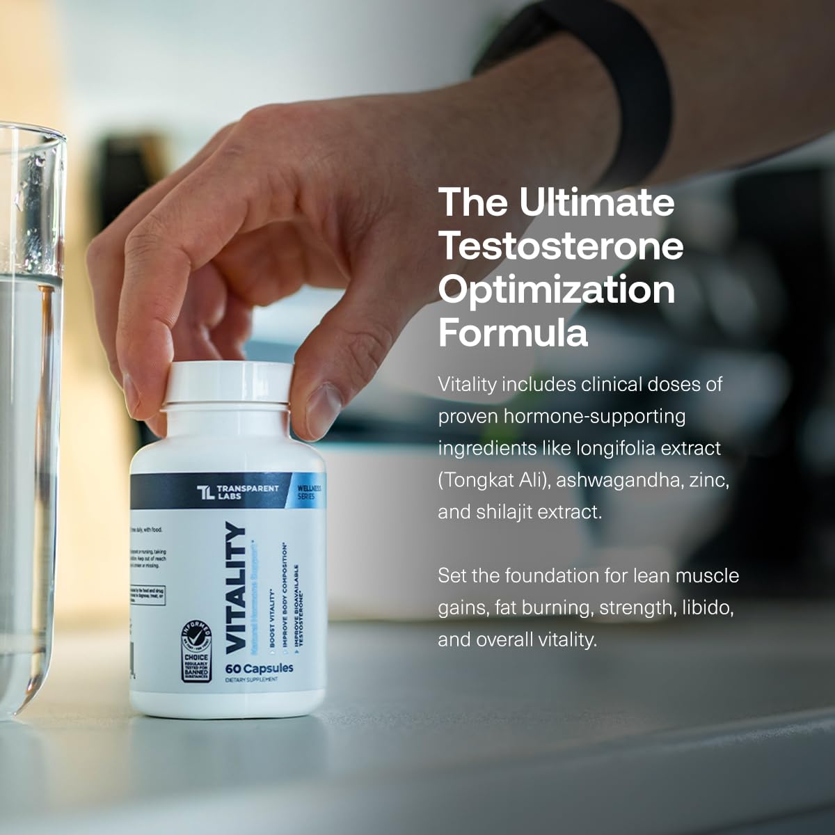 Close view of Vitality ingredients featuring KSM-66 and ashwagandha for balance.