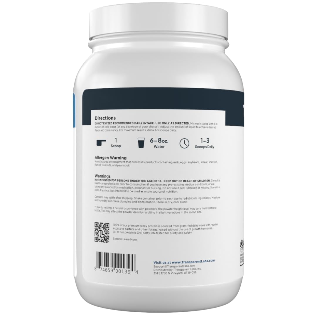 Transparent Labs whey isolate back-of-label view with allergen info