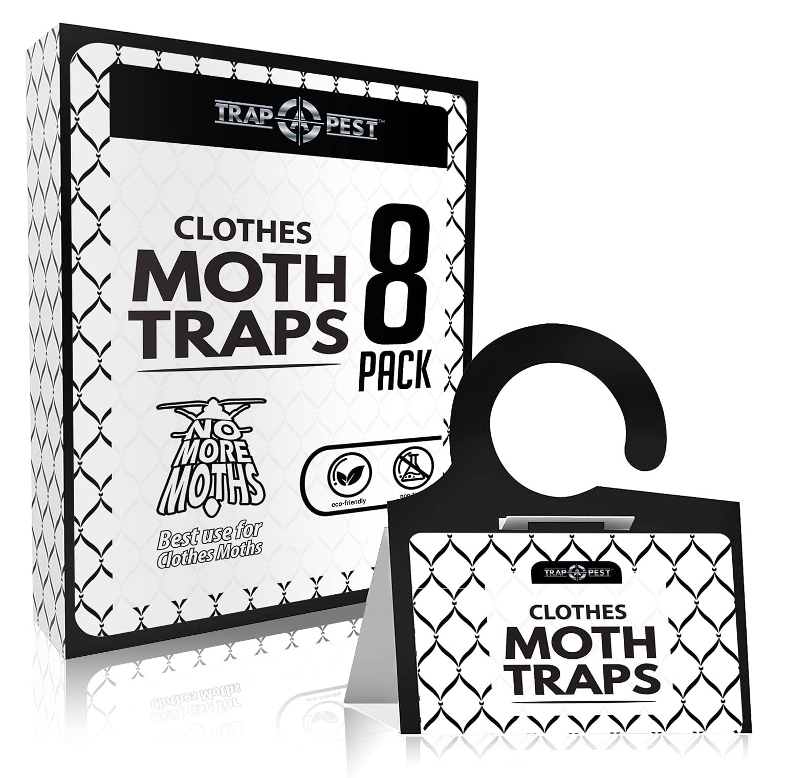 TRAP A PEST 8-pack traps box demonstrates non-toxic closet protection for clothes.