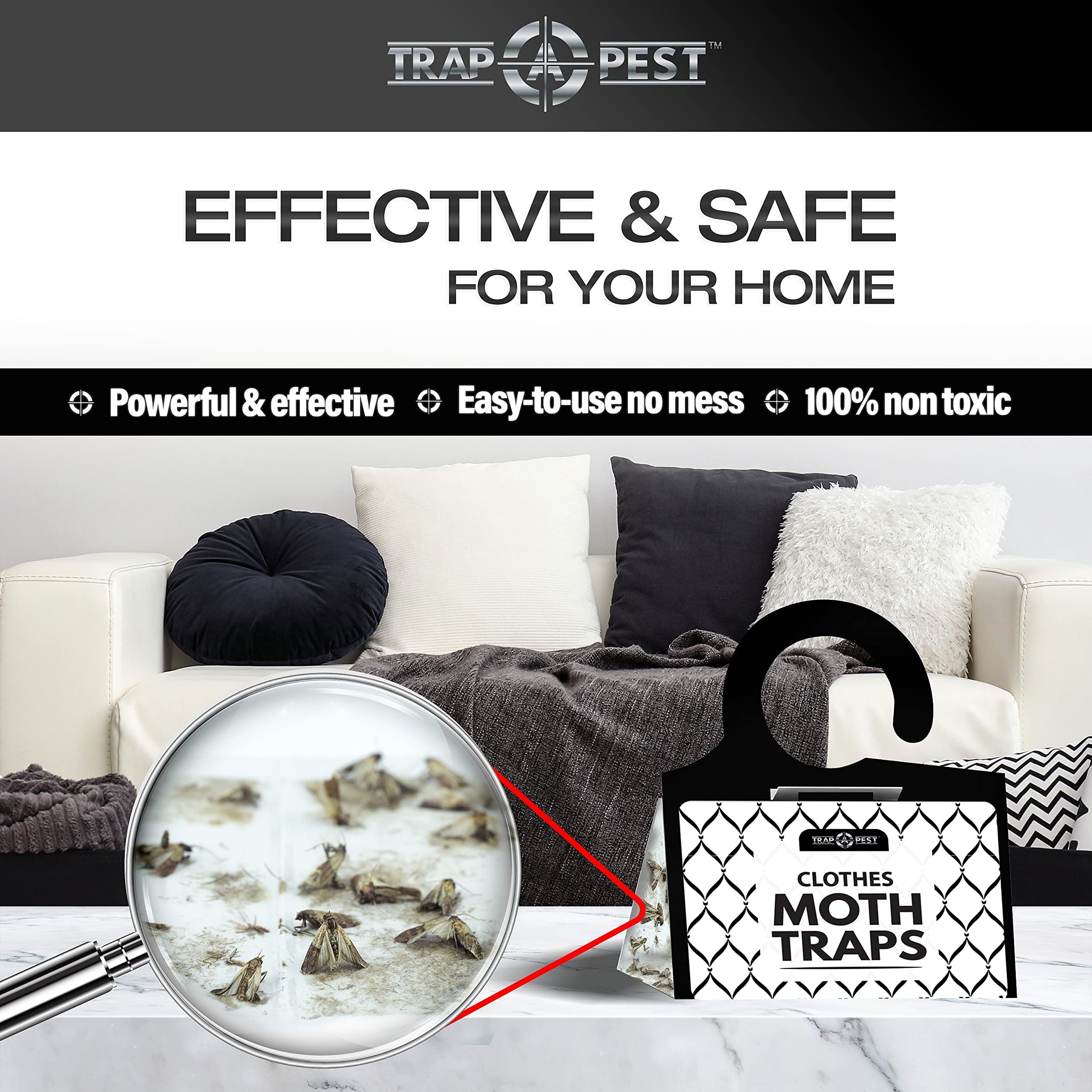 TRAP A PEST sticky sheet close-up highlights odorless attractant and easy peel-and-hang setup.