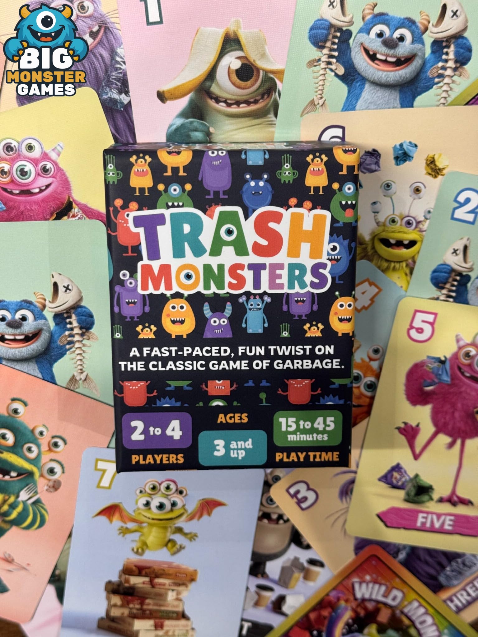 Trash Monsters quick-start guide highlighting simple rules for fast setup.