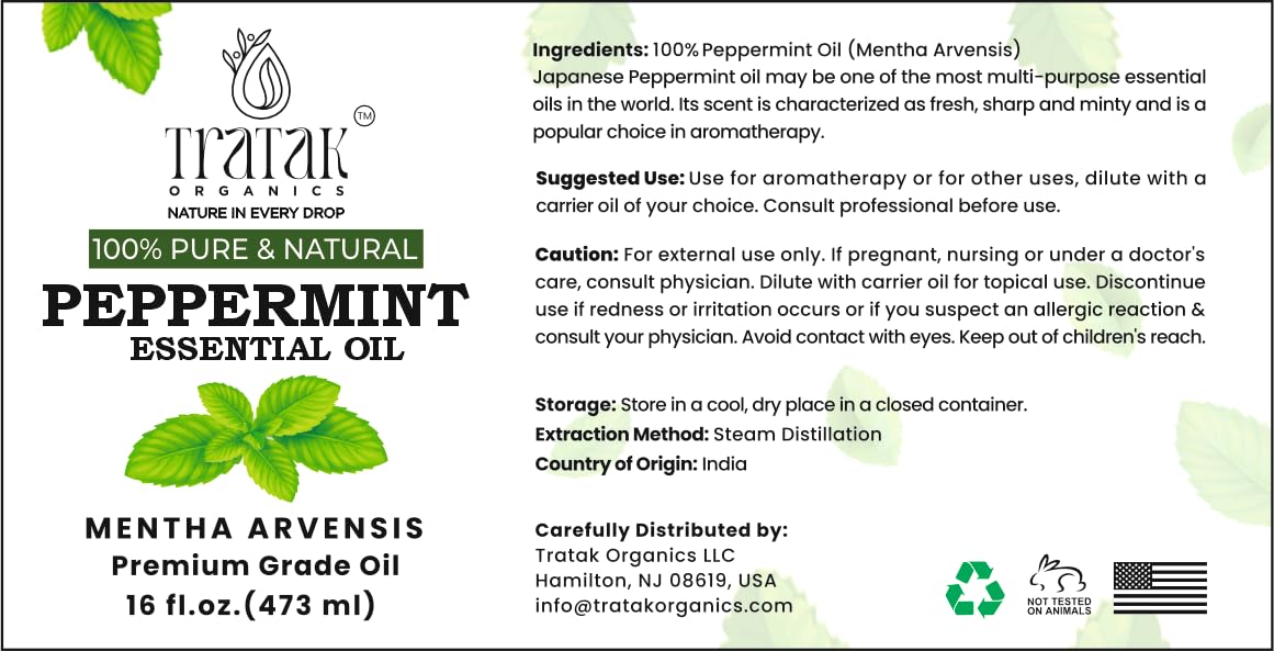 TRATAK ORGANICS peppermint oil beside a diffuser for energizing aroma