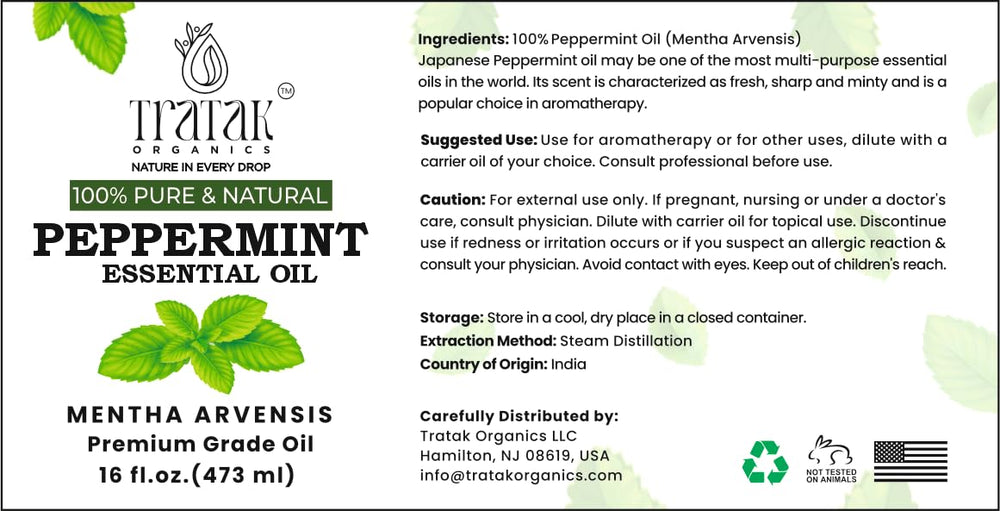 TRATAK ORGANICS peppermint oil beside a diffuser for energizing aroma