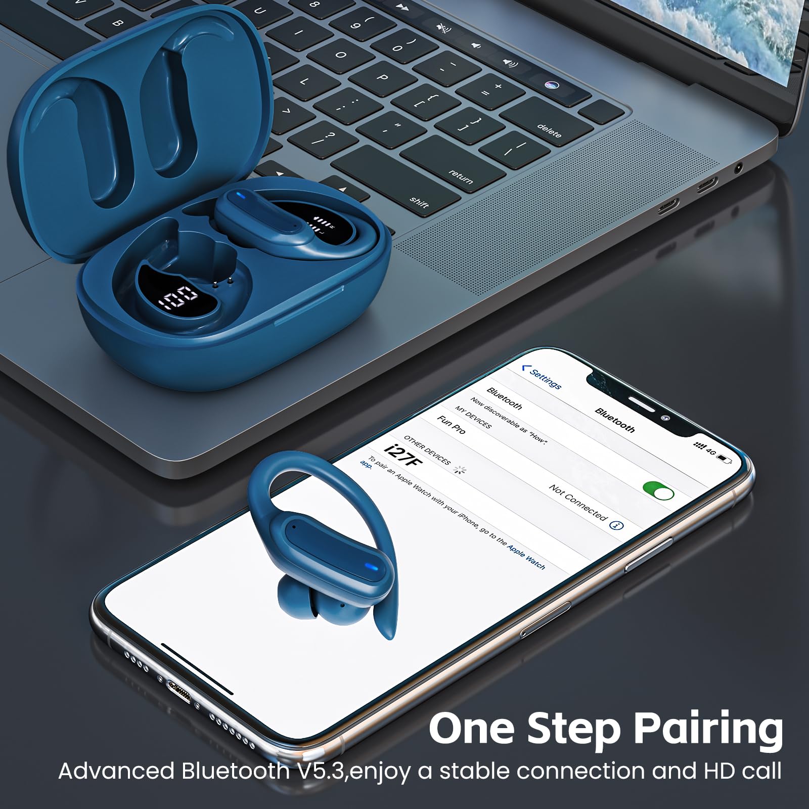 TRAUSI blue charging case with LED display shows battery status.