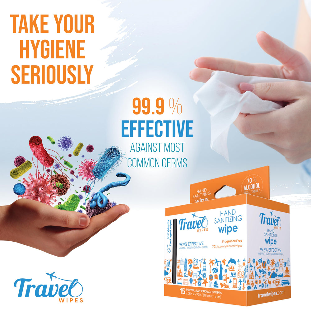 Travel Wipes 70% isopropyl alcohol cleans effectively while moisturizing skin