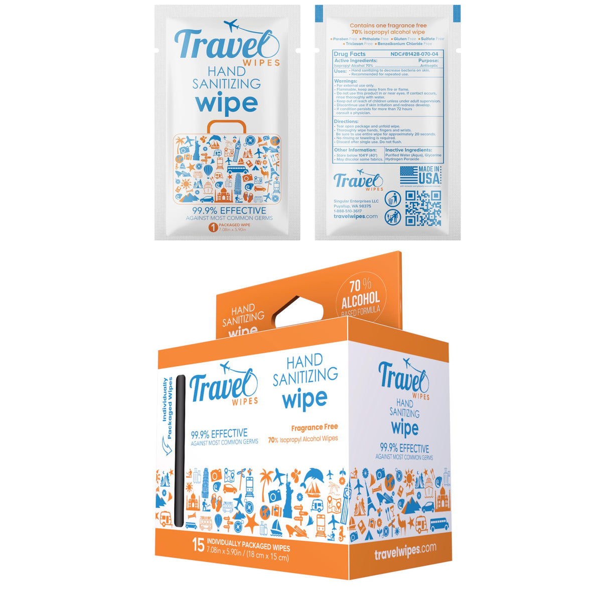 Travel Wipes hand sanitizing wipes in a 15-count individually wrapped pack for on-the-go cleanliness