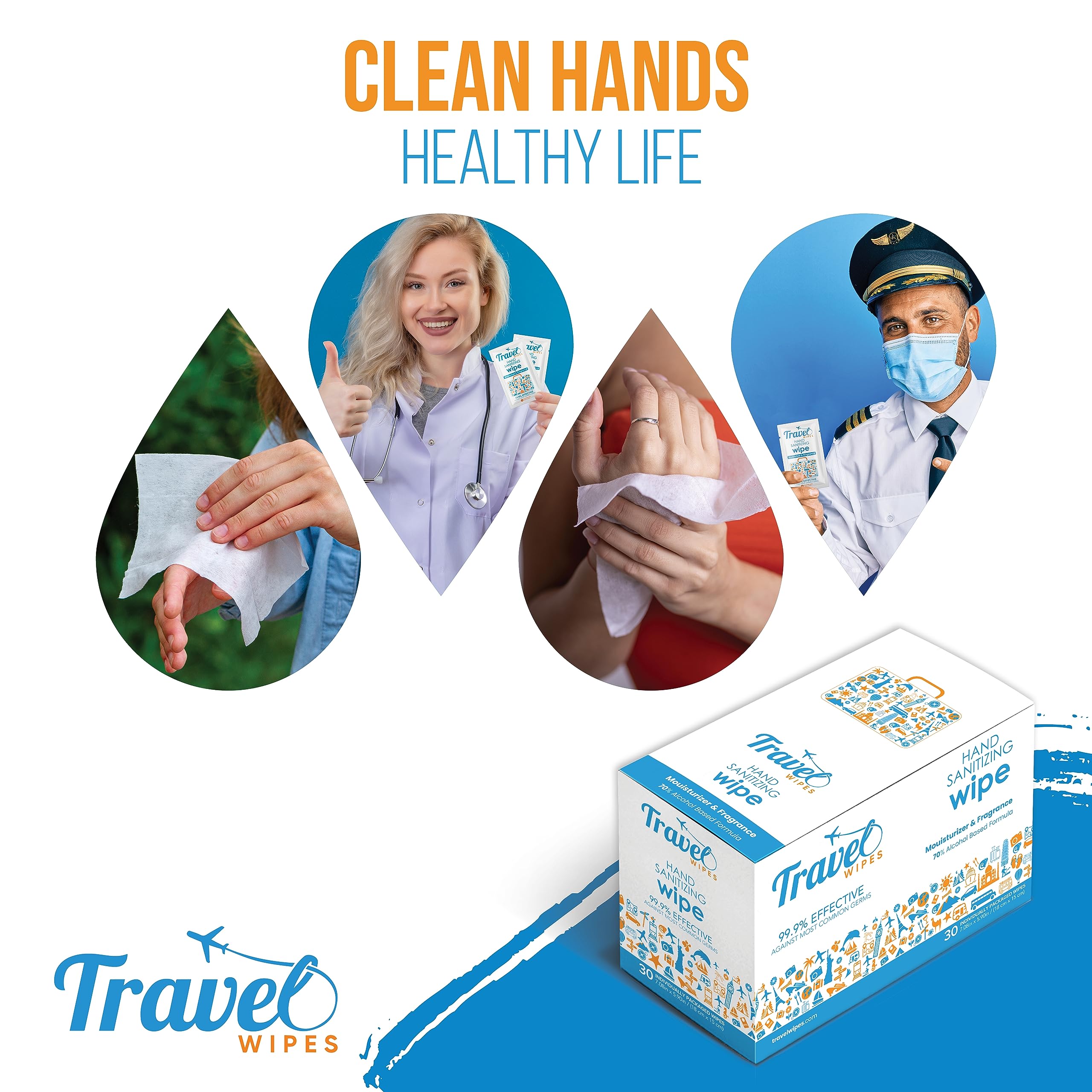 Travel Wipes moisturizing action leaves hands soft.