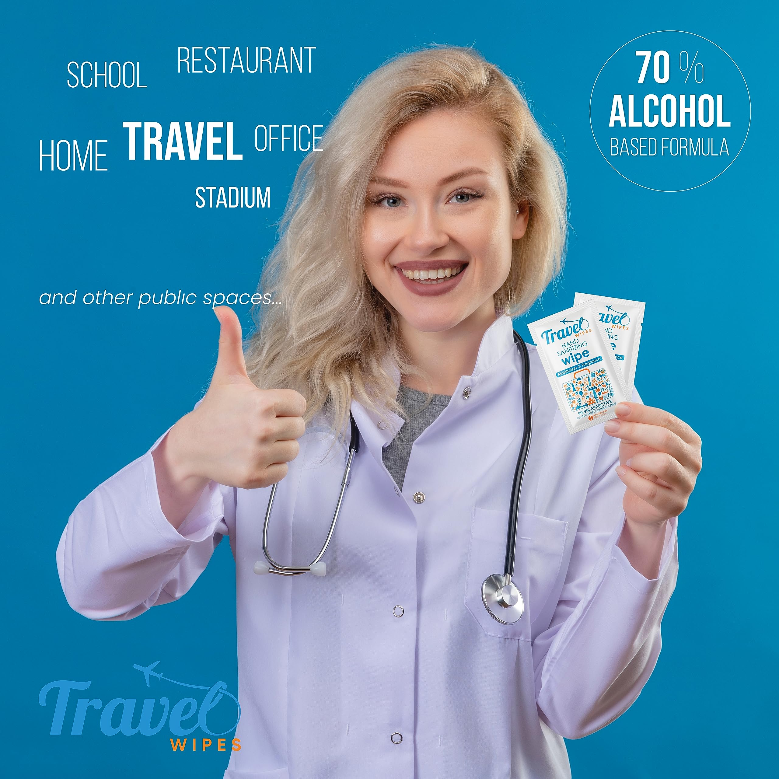 Travel Wipes seventy percent alcohol formula for quick sanitation.