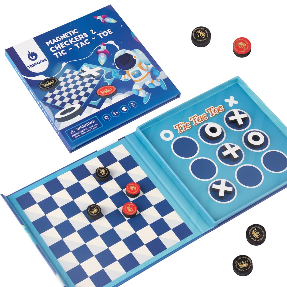 Travofun 2-in-1 board for portable travel checkers and tic-tac-toe on the go.