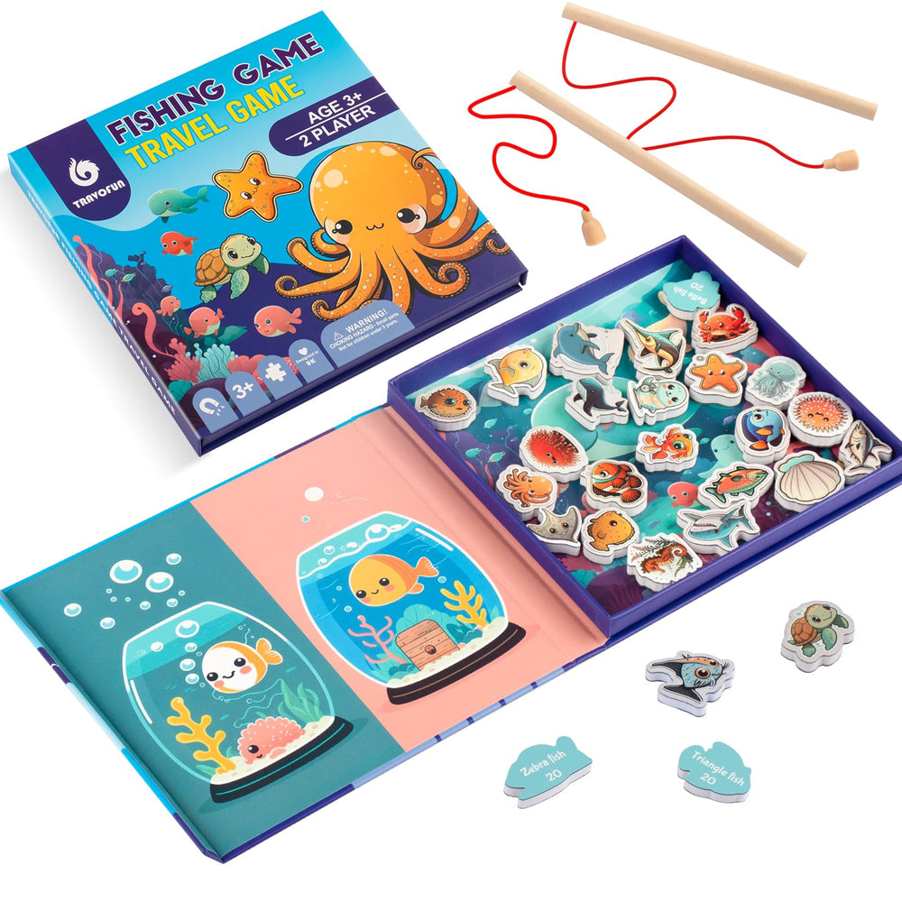 Travofun magnetic fishing game book cover, compact travel toy for quiet car trips.