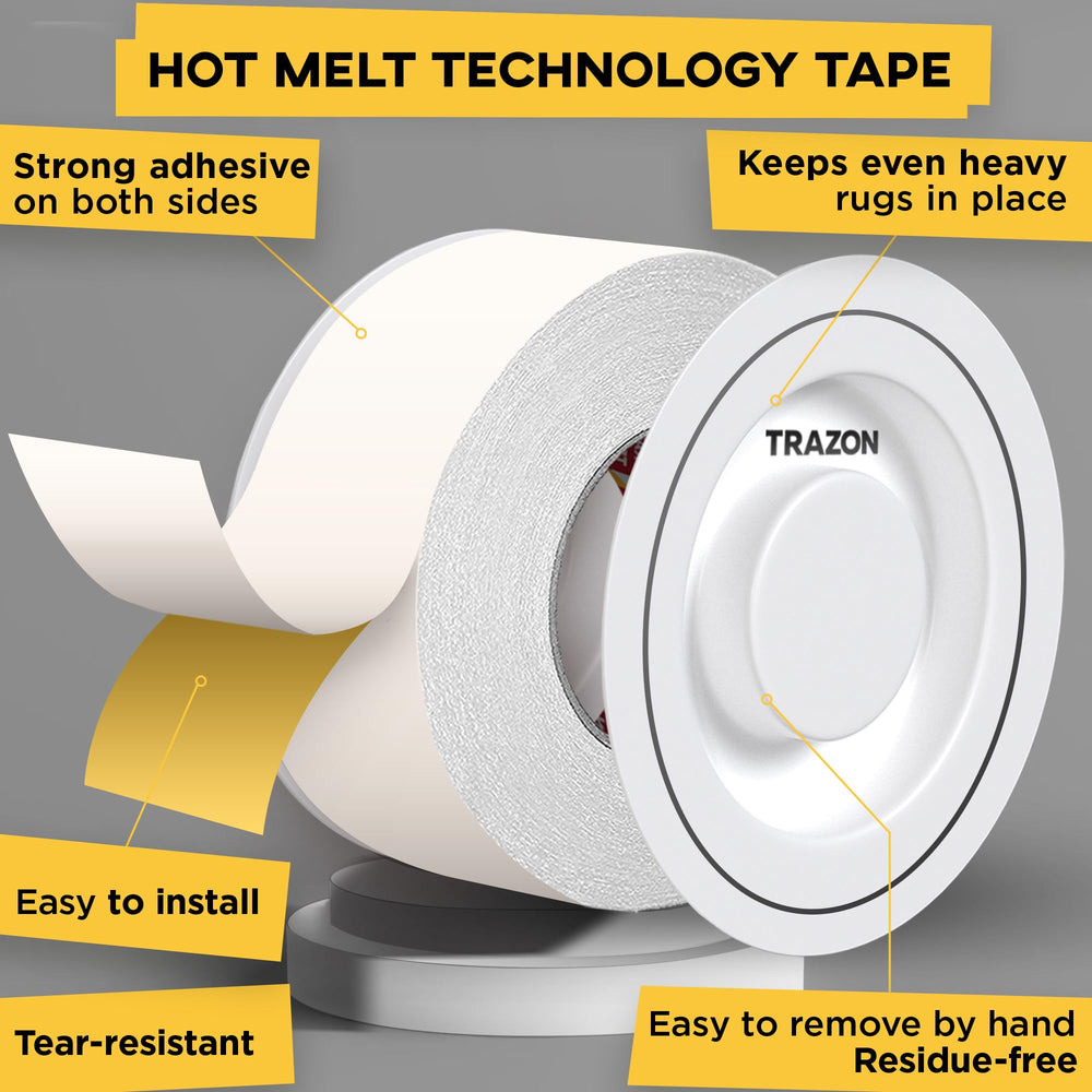 Trazon double-sided rug tape adheres to hardwood floors with lasting grip.
