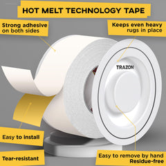 Trazon double-sided rug tape adheres to hardwood floors with lasting grip.