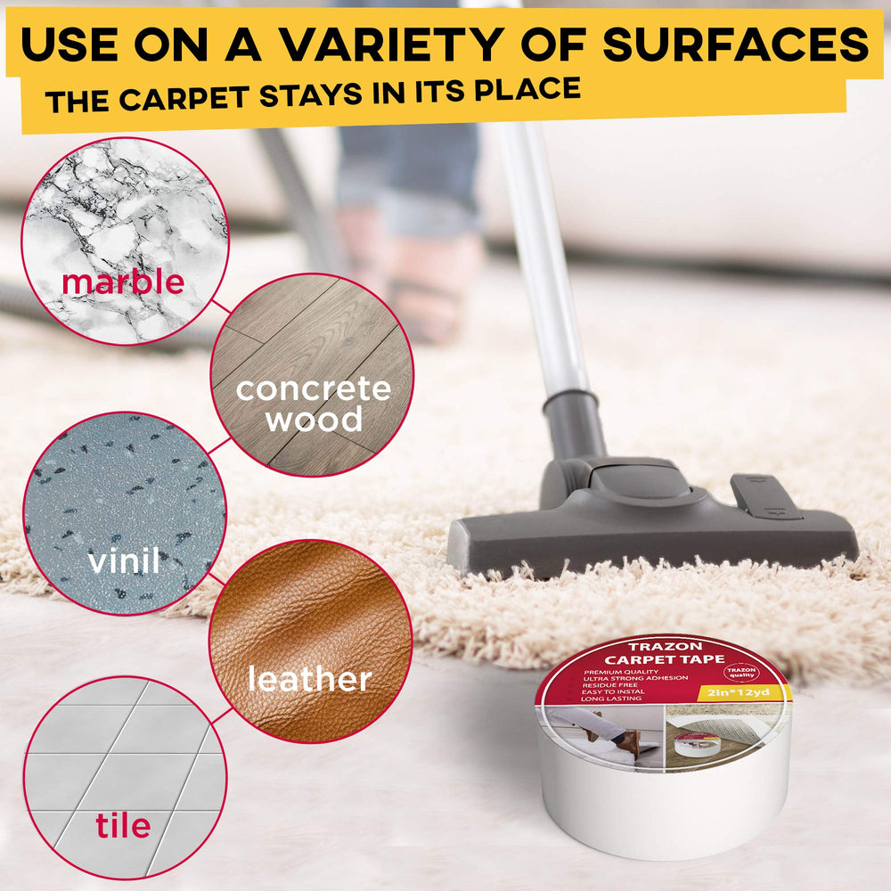 Trazon strong adhesion provides broad coverage for living room rugs.