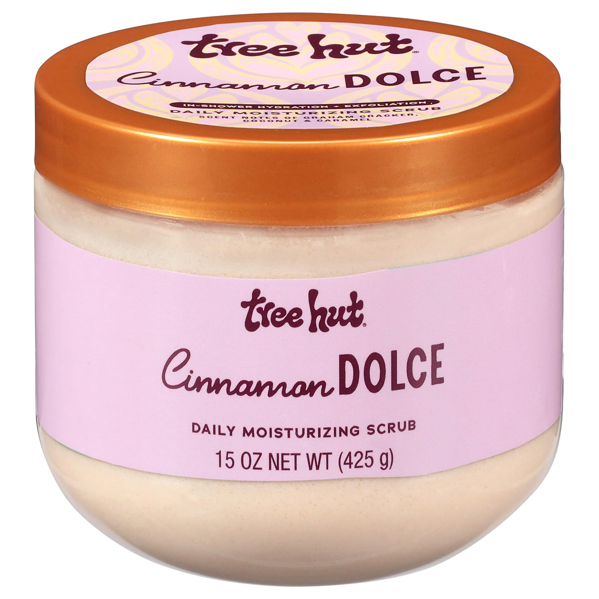 Tree Hut Cinnamon Dolce scrub bottle with foamy pour for gentle exfoliation and moisture.