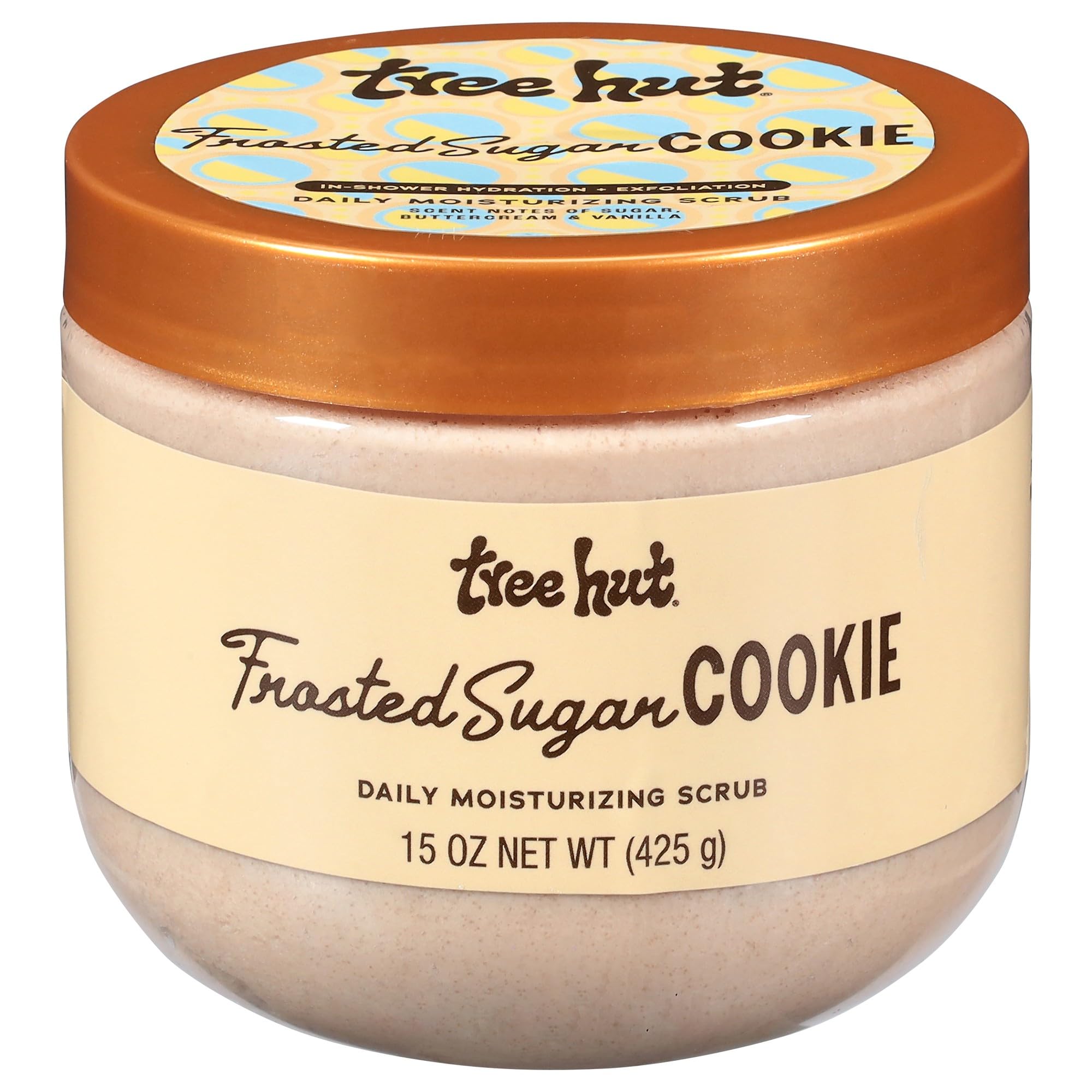Tree Hut Frosted Sugar Cookie Scrub jar with creamy exfoliating texture for smooth, hydrated skin daily