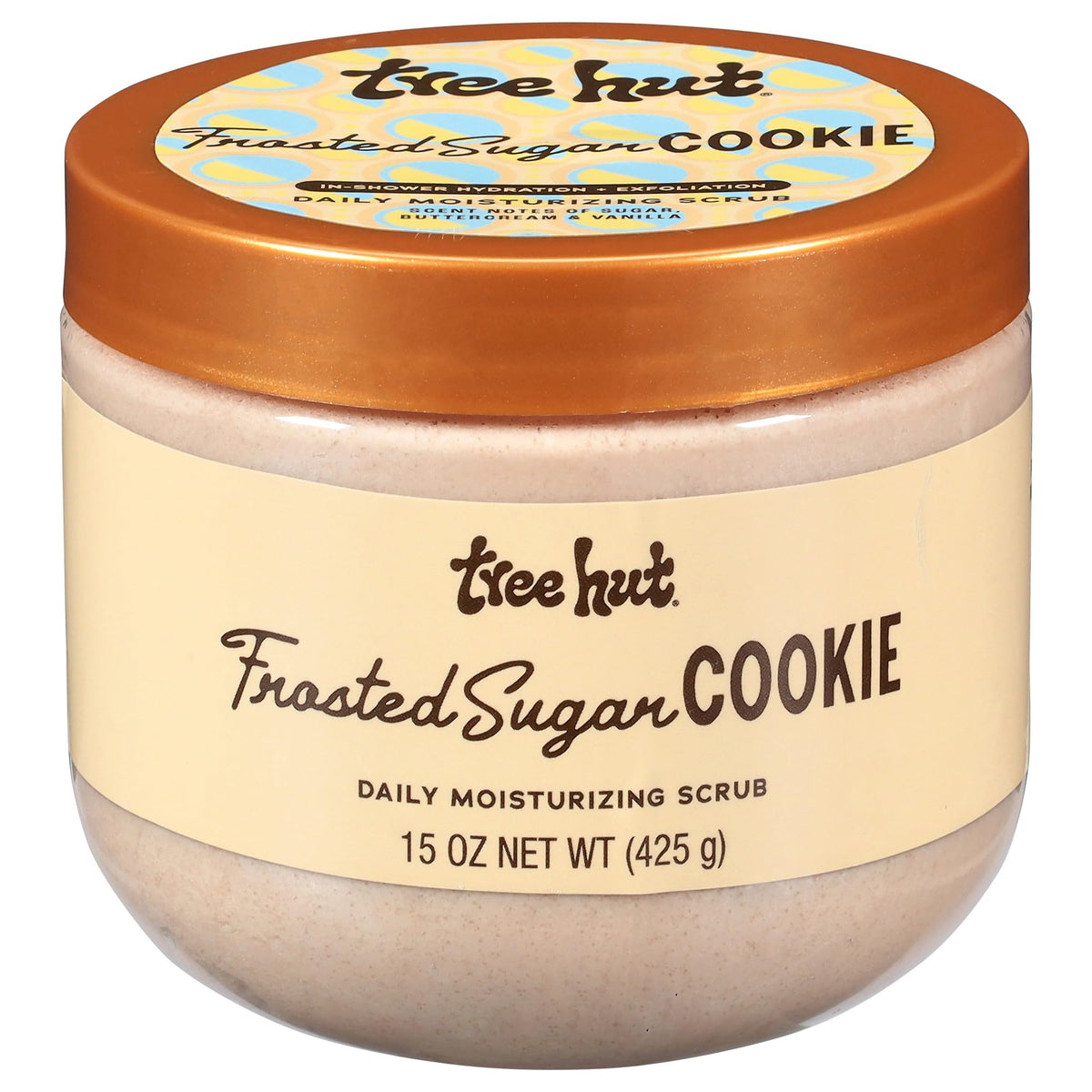 Tree Hut Frosted Sugar Cookie Scrub jar with creamy exfoliating texture for smooth, hydrated skin daily