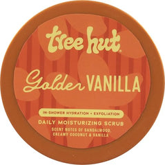 Tree Hut Golden Vanilla Scrub bottle pouring, highlighting creamy coconut vanilla aroma
