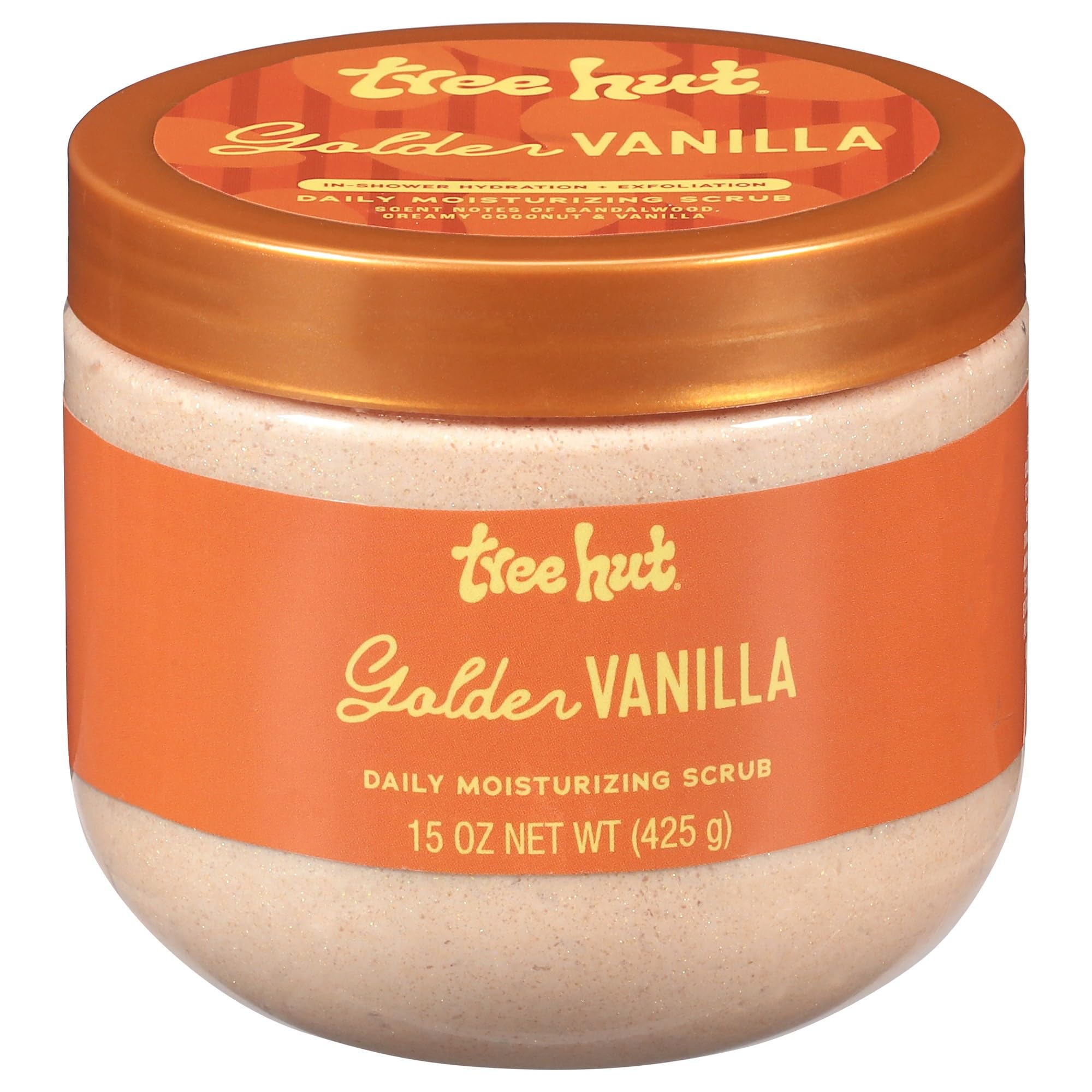 Tree Hut Golden Vanilla Scrub jar close-up showing foamy texture for daily exfoliation