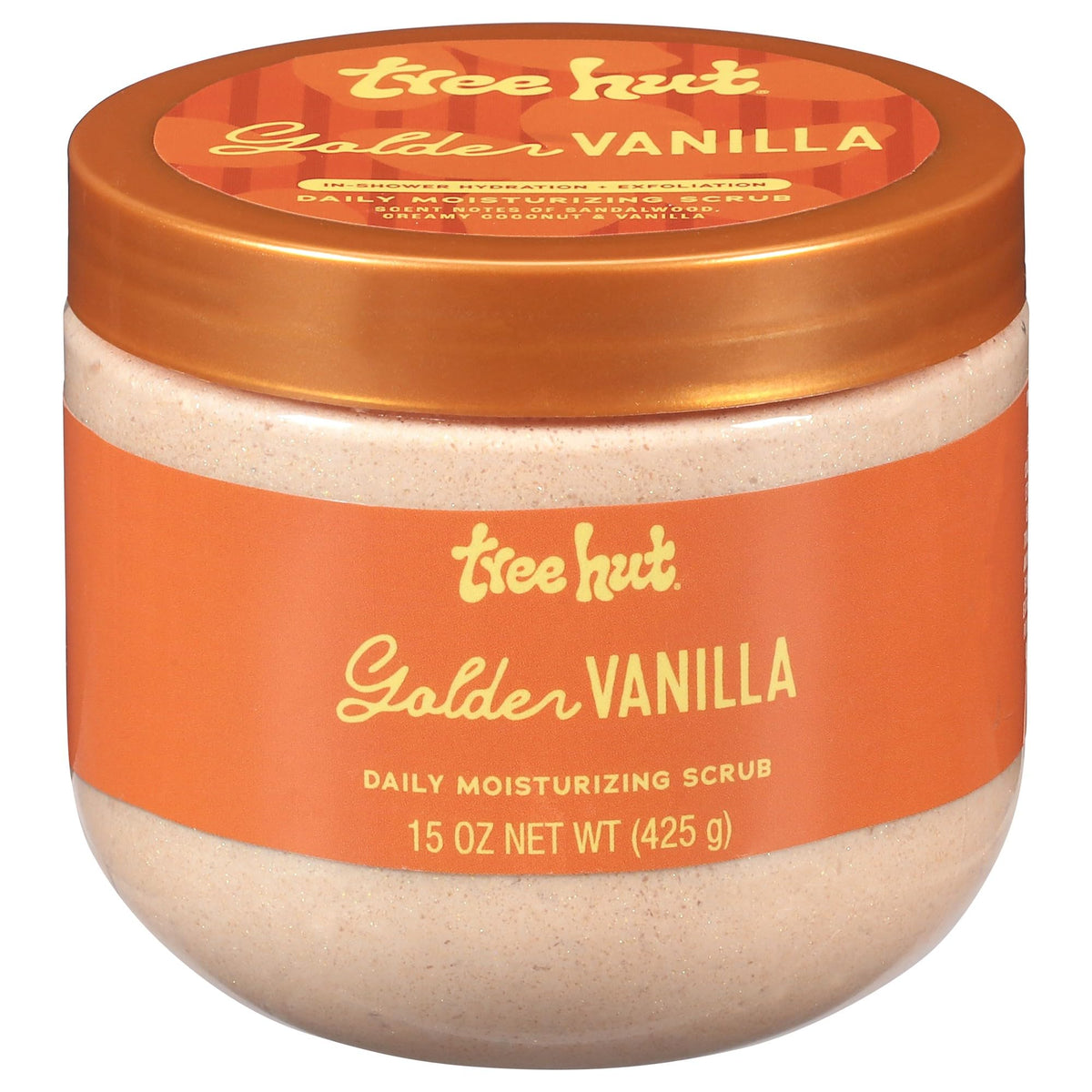 Tree Hut Golden Vanilla Scrub jar close-up showing foamy texture for daily exfoliation