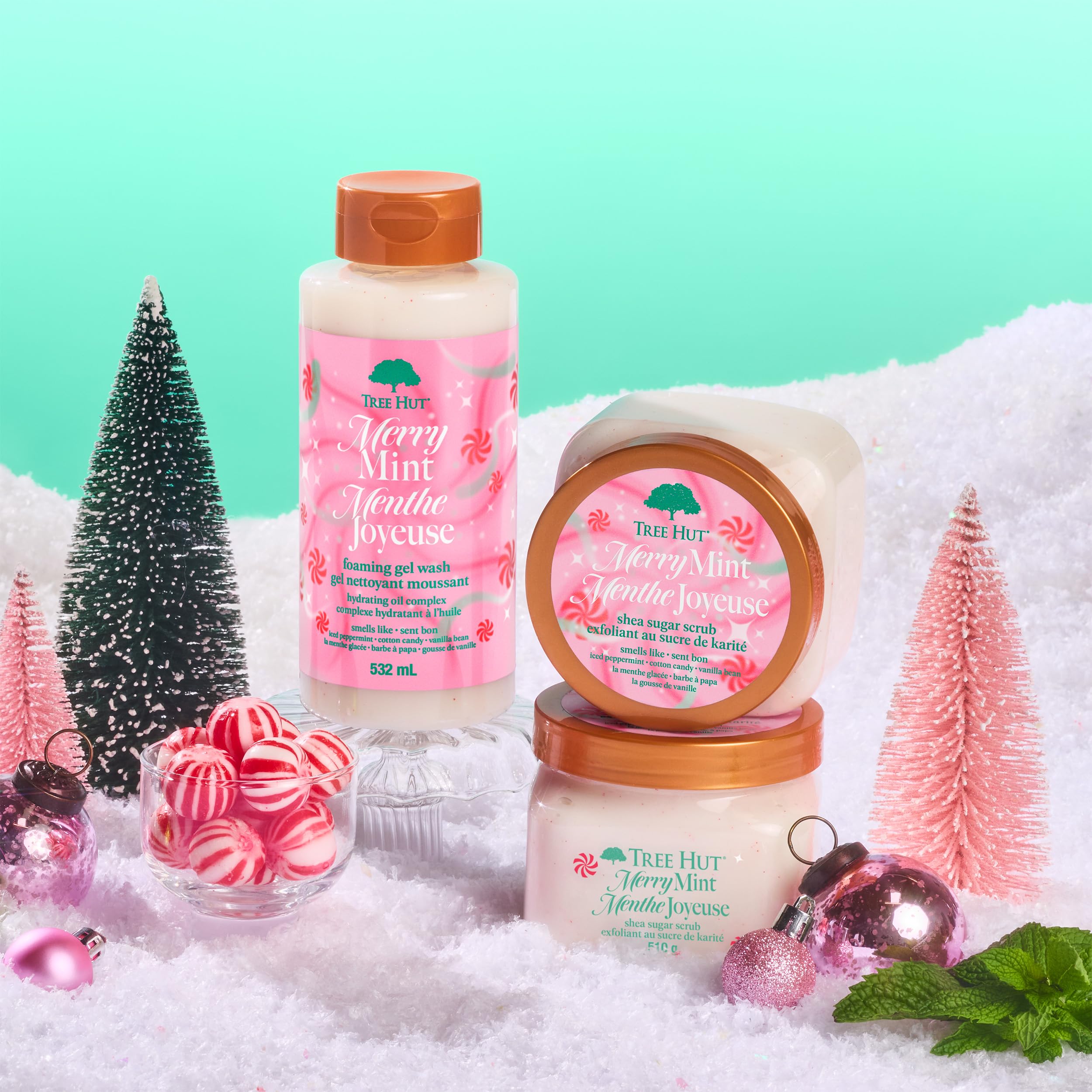 Winter skincare routine featuring Tree Hut Merry Mint scrub for glow.