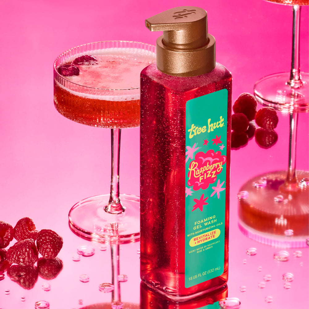 Tree Hut Raspberry Fizz hydrating blend of avocado kiwi and orange oils