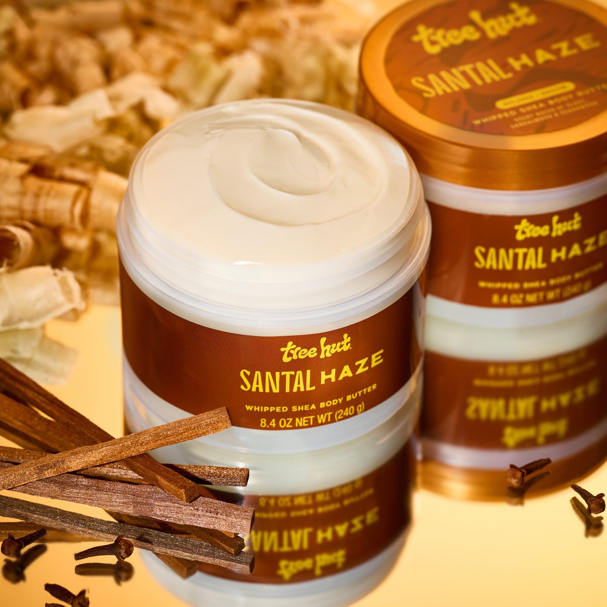 Tree Hut Santal Haze whipped butter tub shown, ideal for daily moisture routines