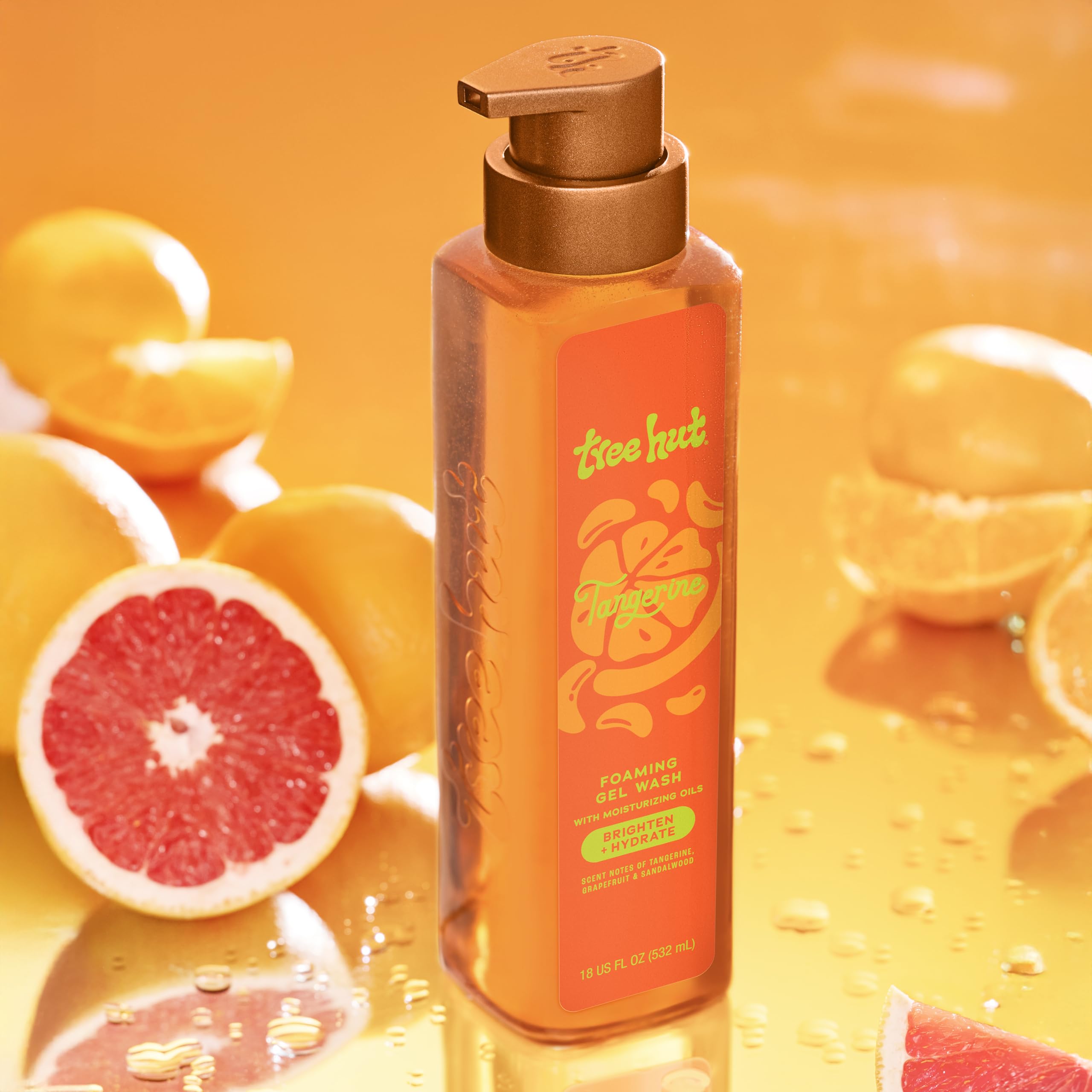 Hydrating blend of avocado, kiwi, and orange oils in Tree Hut Tangerine wash.