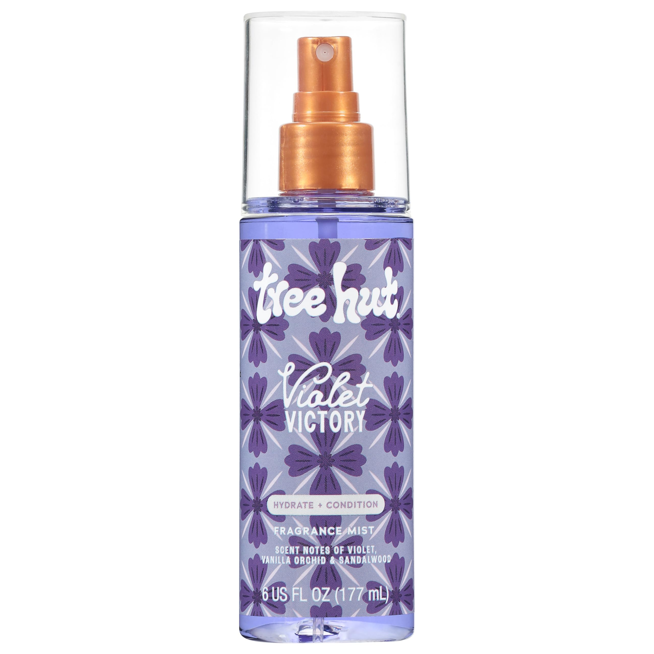 Tree Hut Violet Victory fragrance mist bottle with lavender label for versatile hair and body use.