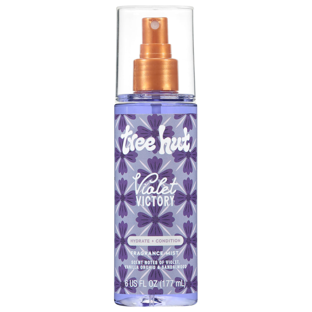 Tree Hut Violet Victory fragrance mist bottle with lavender label for versatile hair and body use.