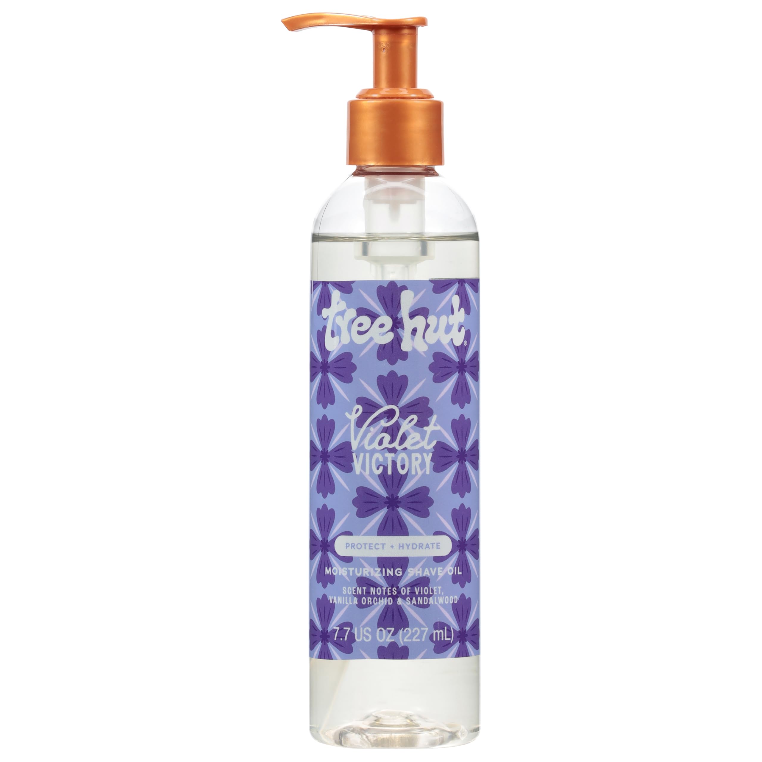 Tree Hut Violet Victory Shave Oil bottle highlighting the hydrating formula for smooth shaves