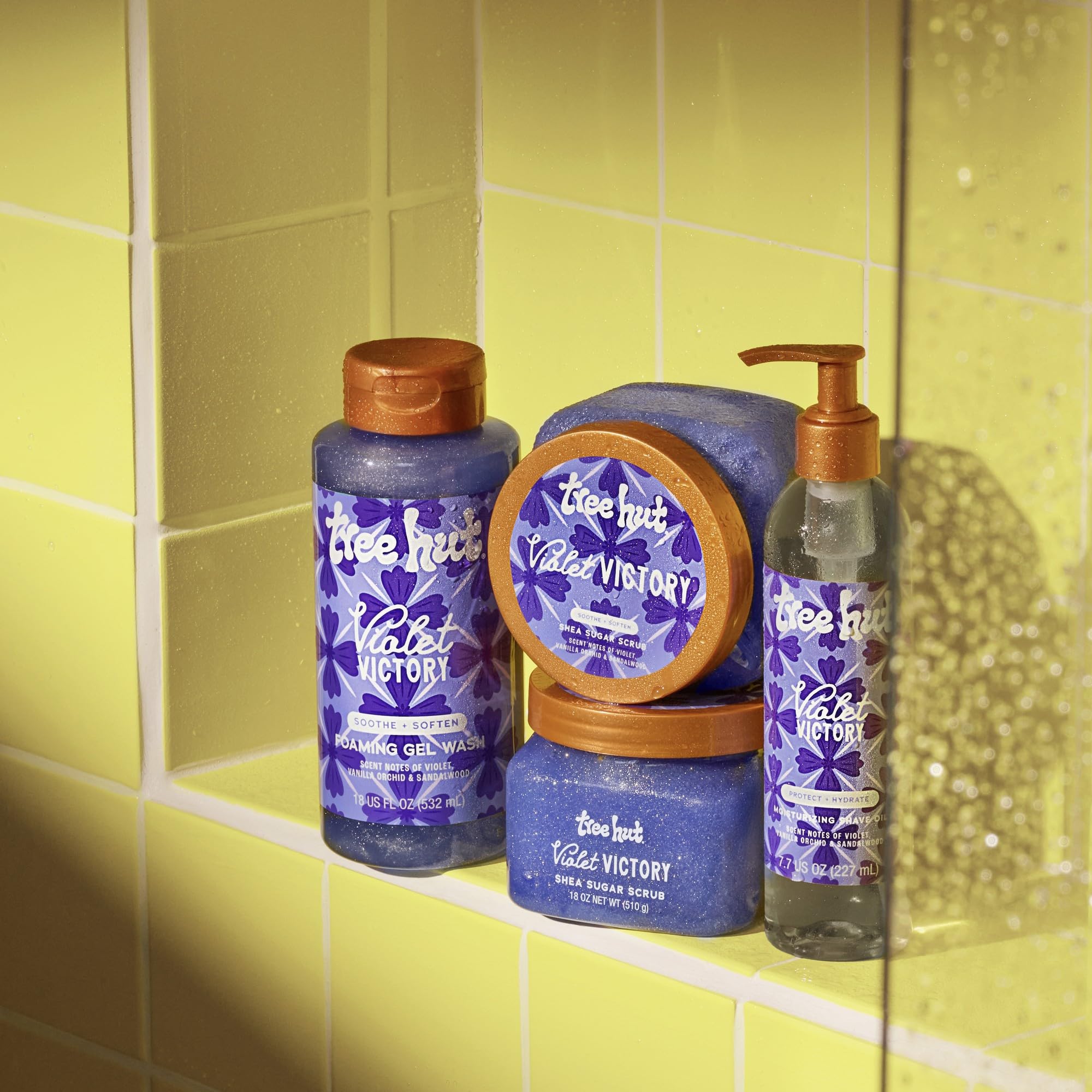Tree Hut Violet Victory Shave Oil fragrance evokes violet vanilla sandalwood