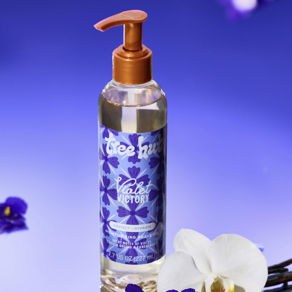 Tree Hut Violet Victory Shave Oil blends natural oils to support skin moisture
