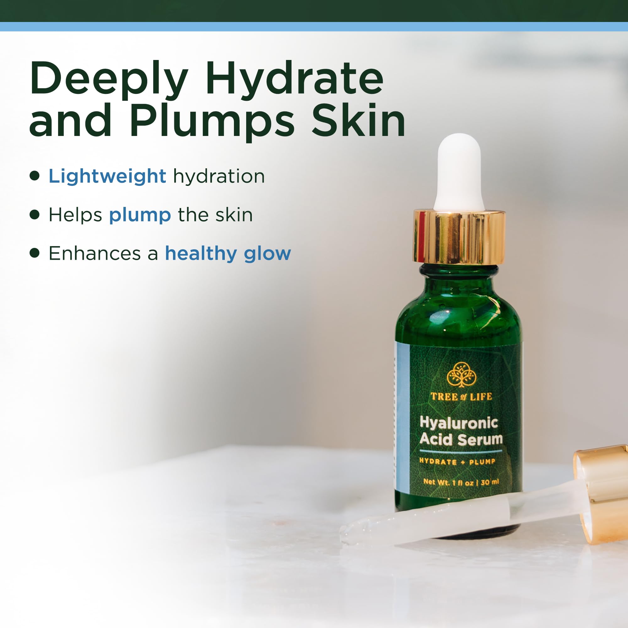 Tree of Life Hyaluronic Acid Serum bottle emphasizing hydration and plumpness.