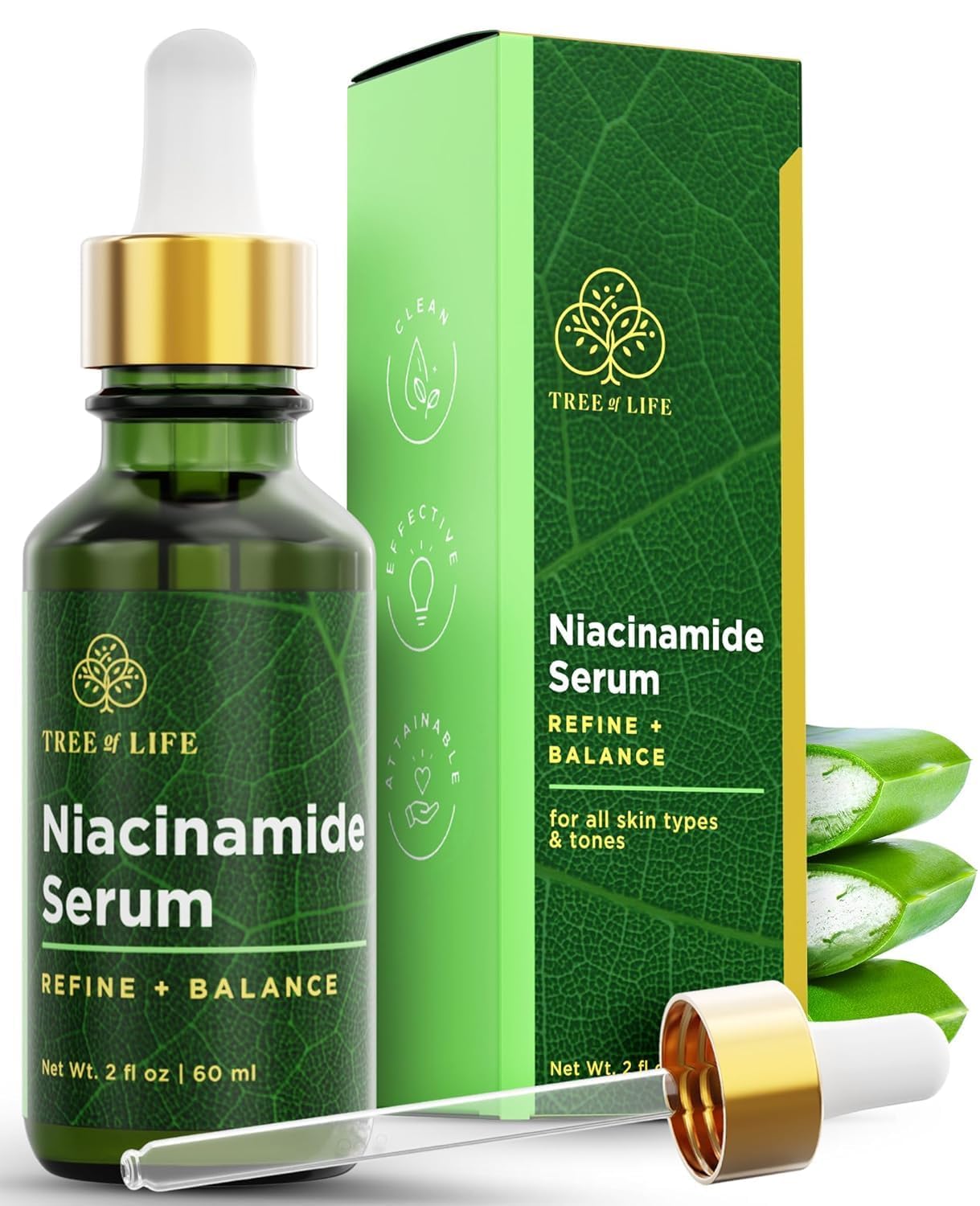 Tree of Life Niacinamide Serum bottle closeup shows hydration and pore refinement.