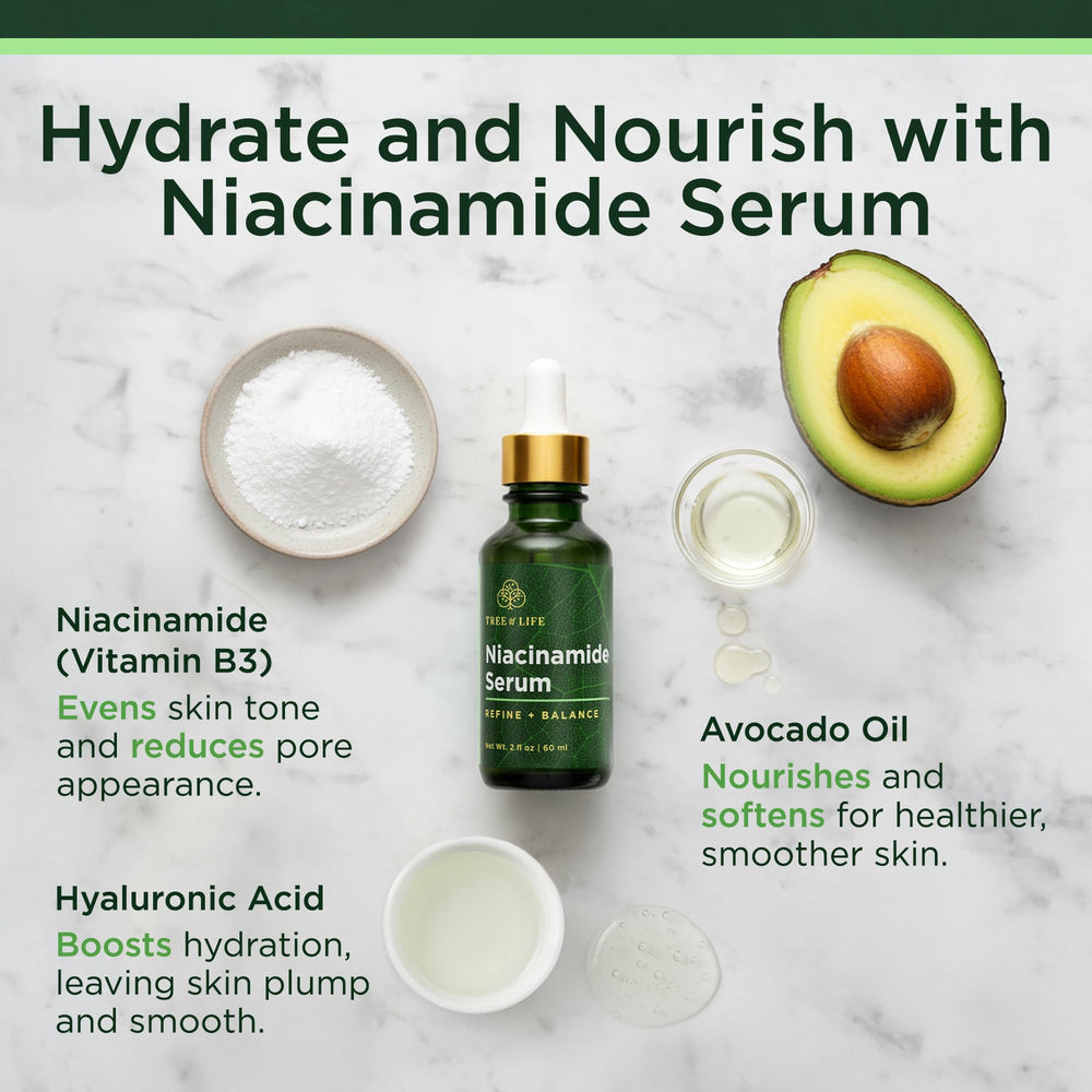 Tree of Life Niacinamide Serum dropper ready for daily use, boosting hydration.
