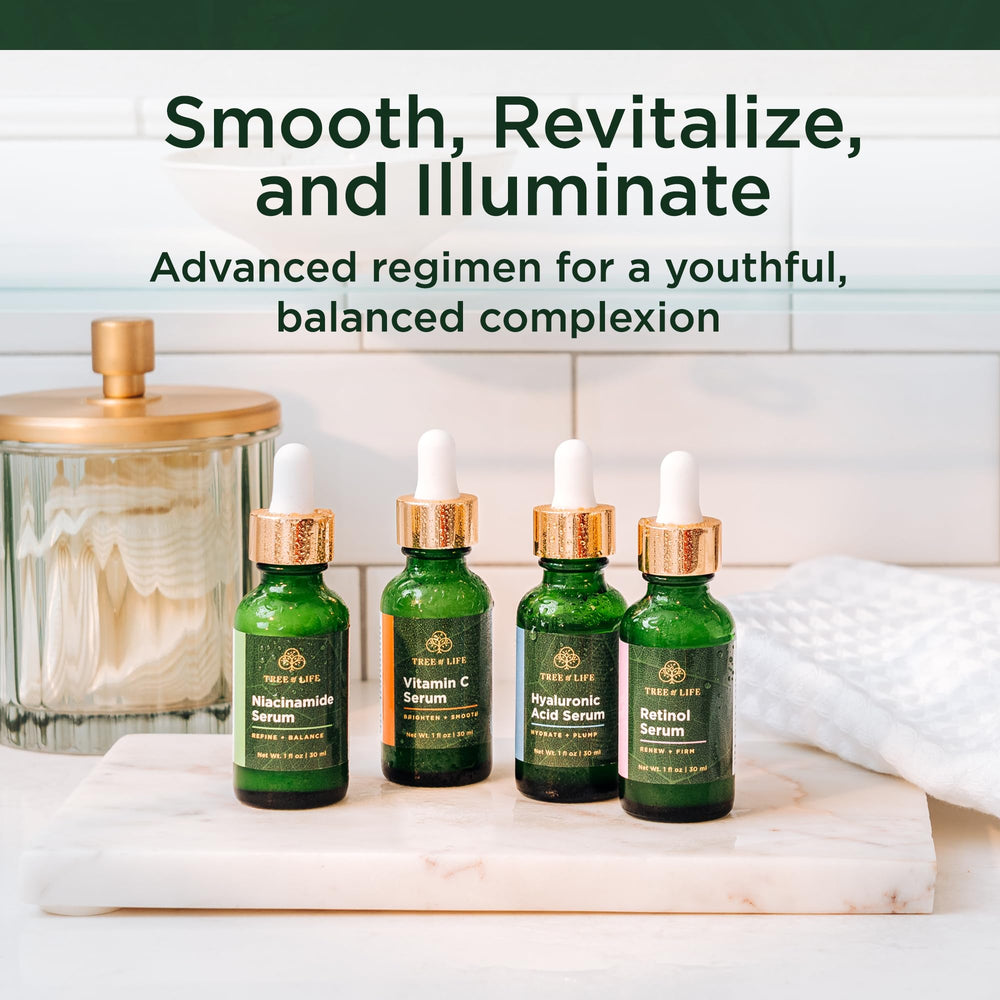 Tree of Life Niacinamide Serum bottle highlighting pore refinement and even tone.