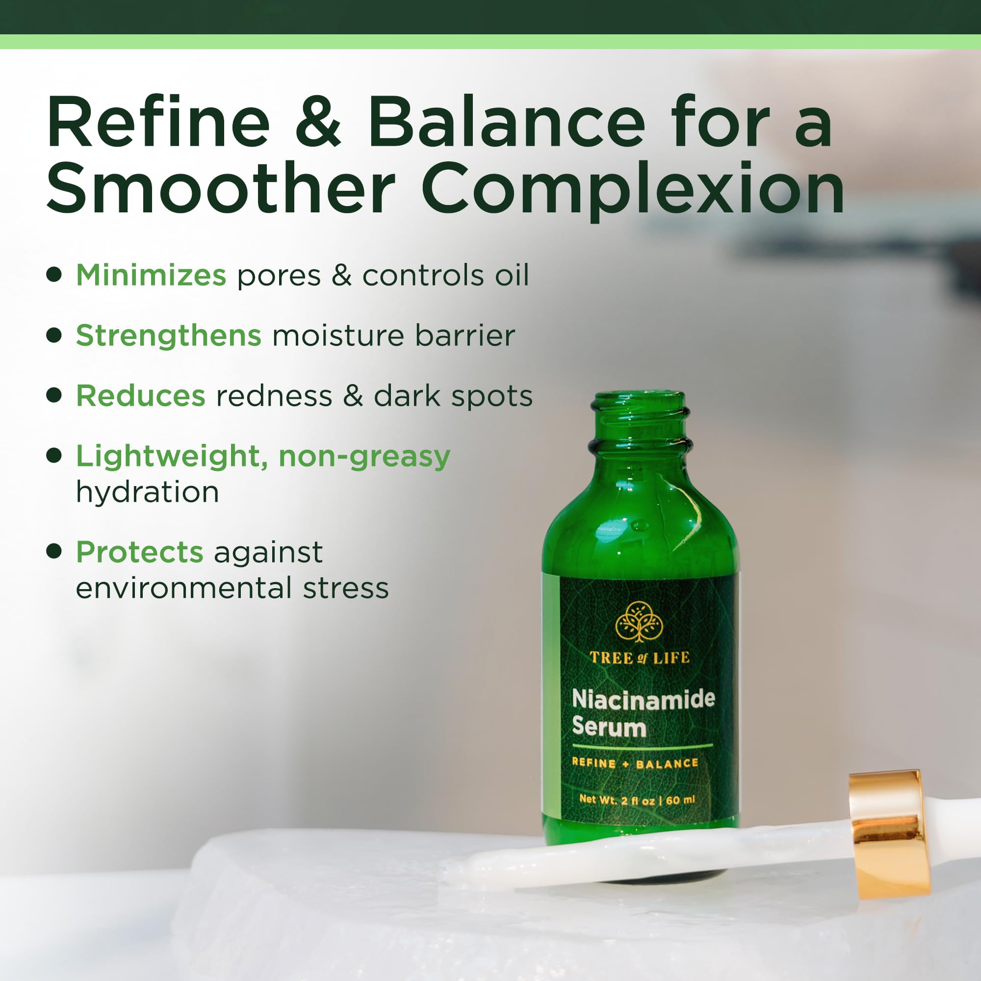 Tree of Life Niacinamide Serum packaging box shown for eco-friendly routines.