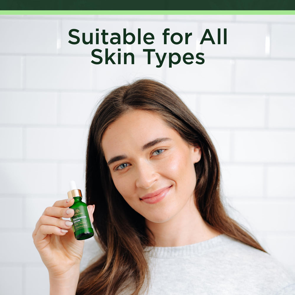 Tree of Life Niacinamide Serum skin application close-up shows calm, hydrated skin.