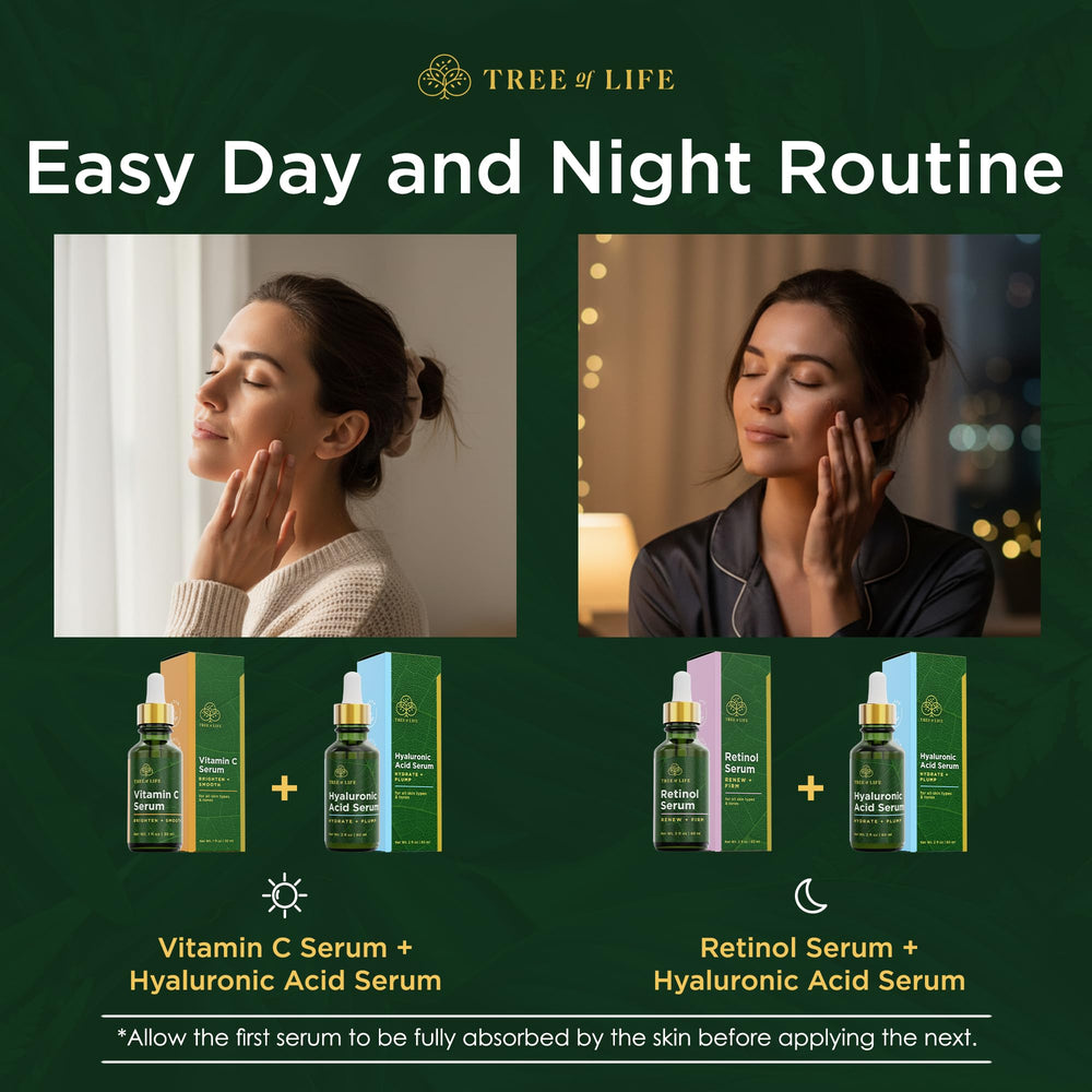 Tree of Life retinol serum bottle close-up emphasizing smoothing of fine lines.