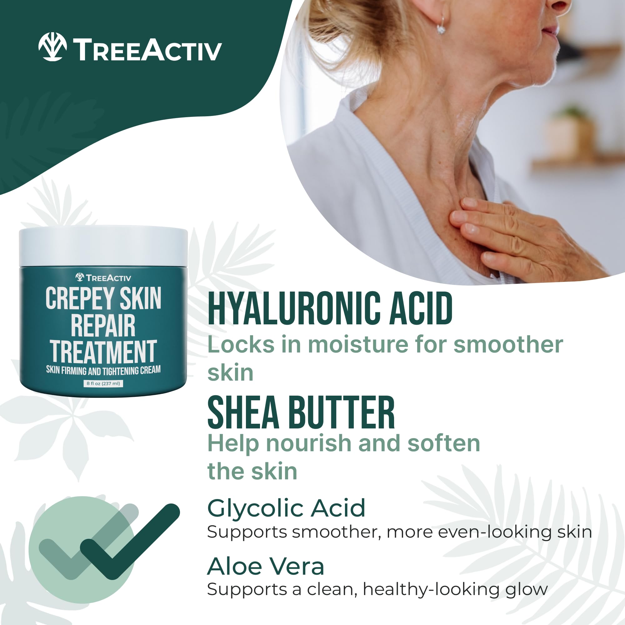 TreeActiv Crepey Skin Repair Cream hyaluronic acid promotes hydration.