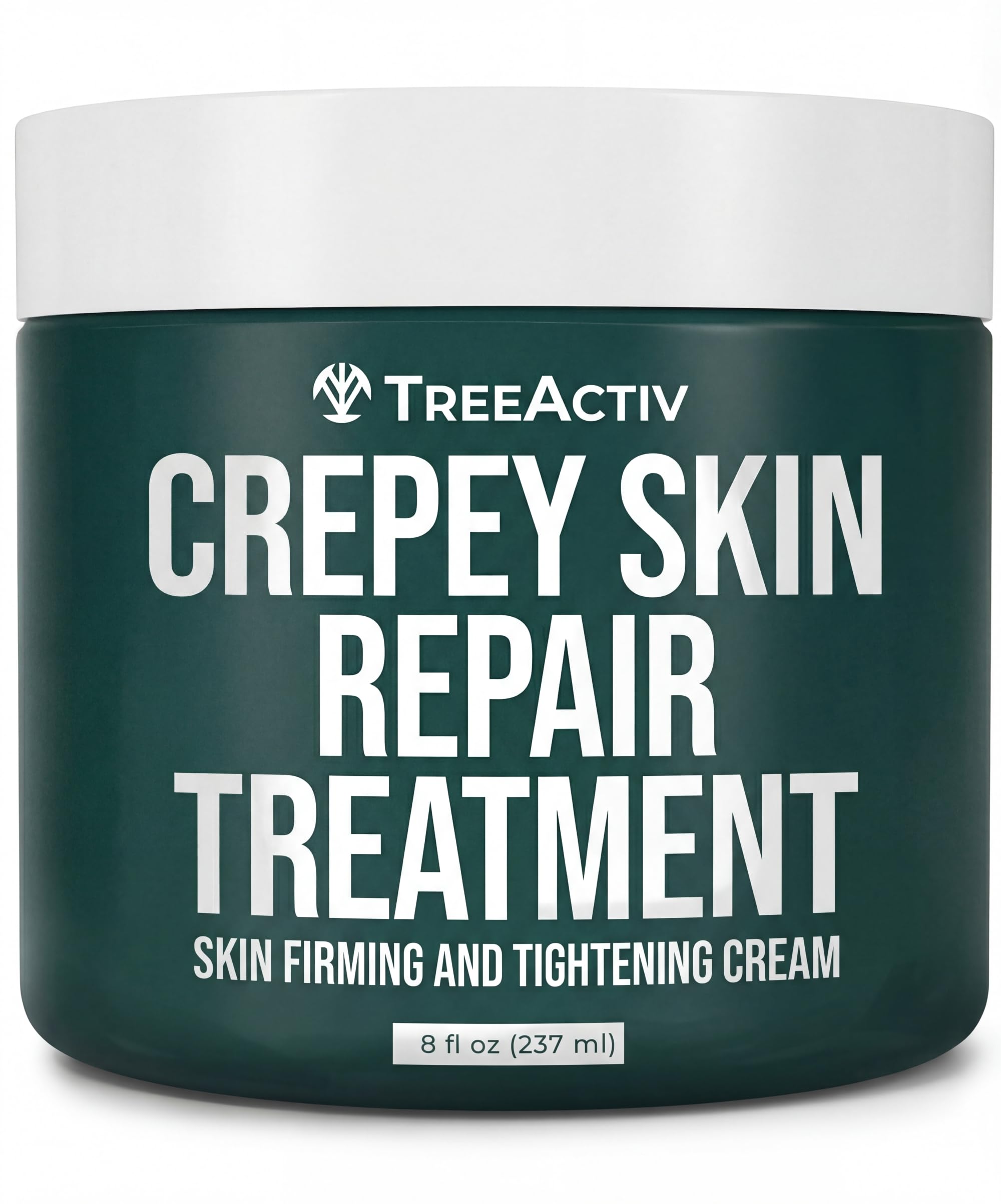 TreeActiv Crepey Skin Repair Cream jar close-up showing rich moisture for softer skin.