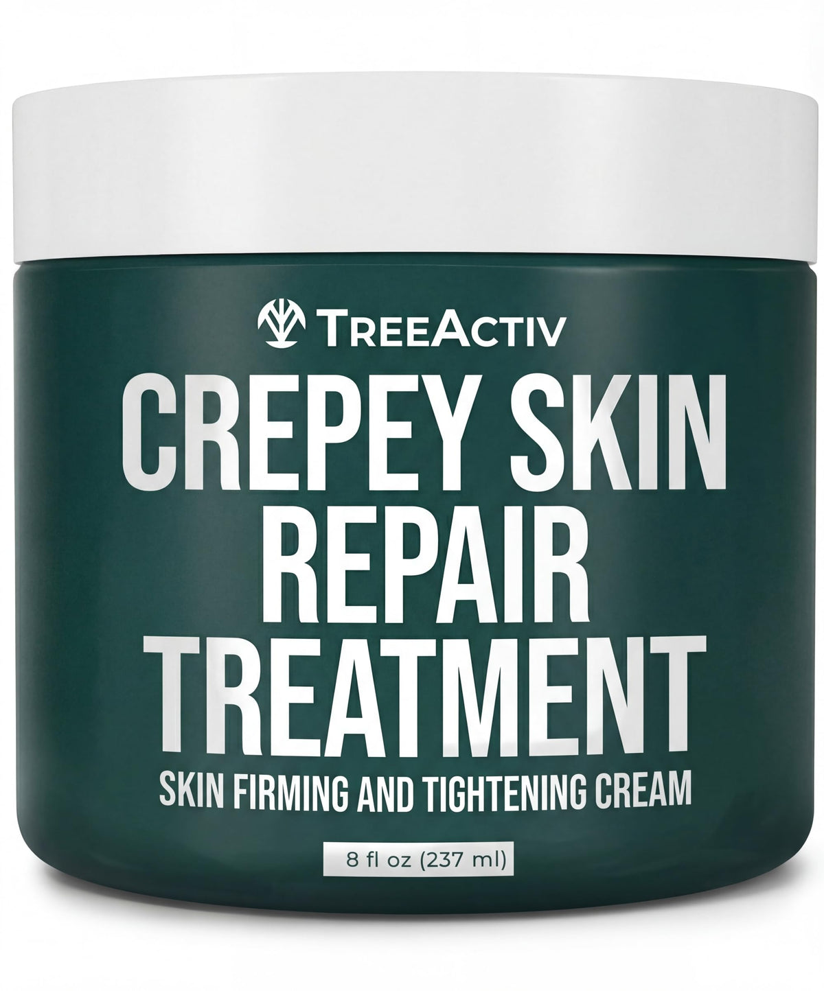 TreeActiv Crepey Skin Repair Cream jar close-up showing rich moisture for softer skin.