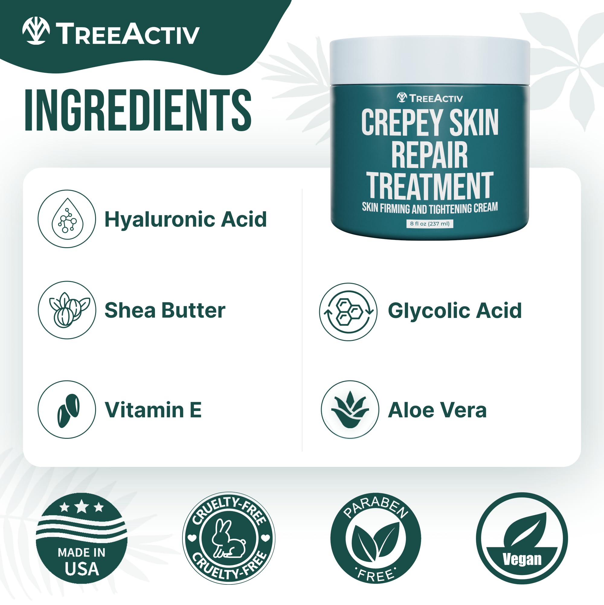 TreeActiv Crepey Skin Repair Cream shea butter rich formula illustration.