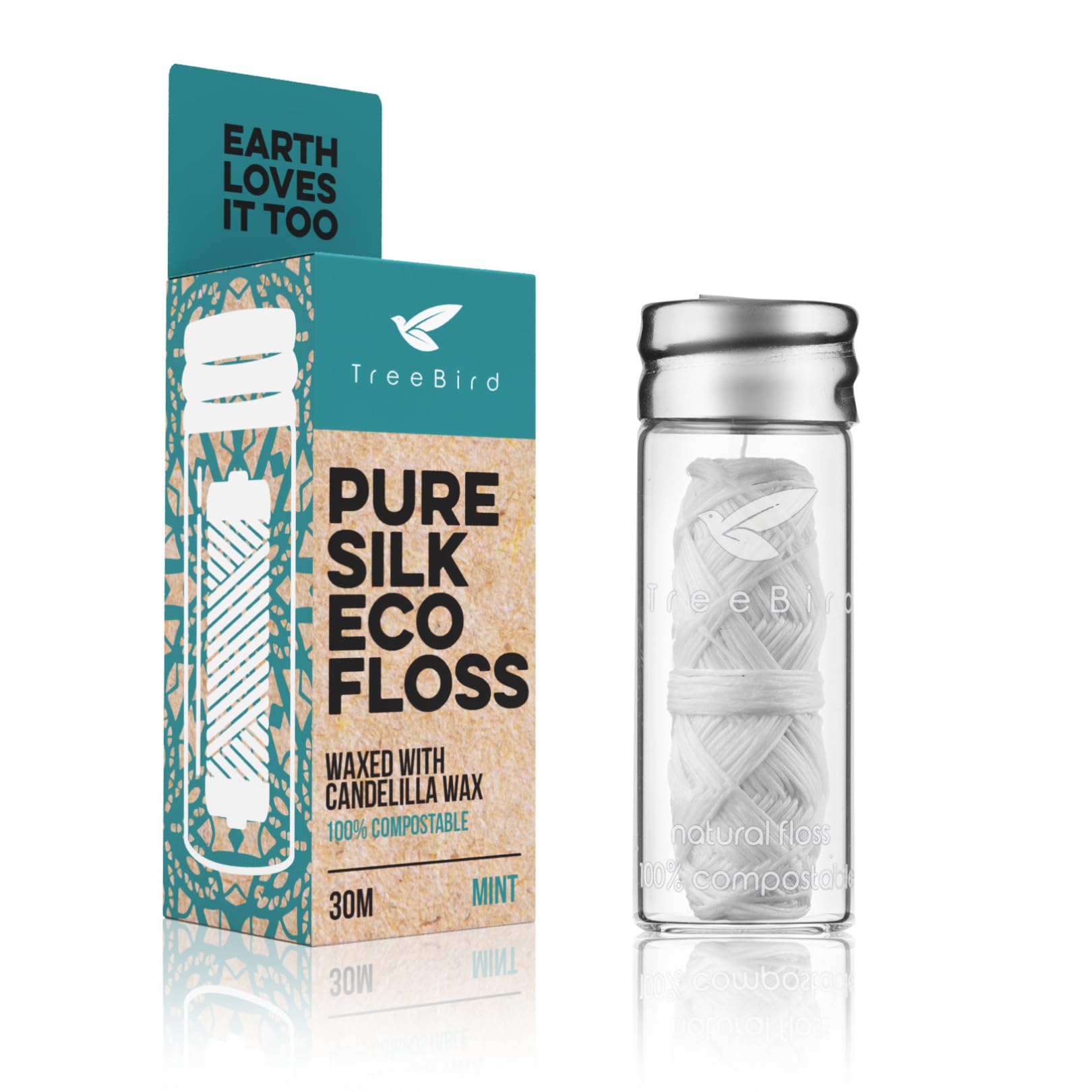 TreeBird Pure Silk Eco Floss in refillable glass dispenser with mint finish for a refreshing flossing experience.