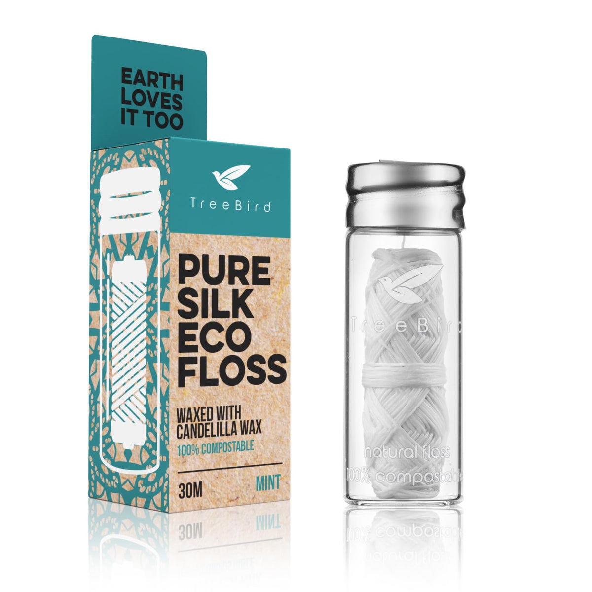 TreeBird Pure Silk Eco Floss in refillable glass dispenser with mint finish for a refreshing flossing experience.