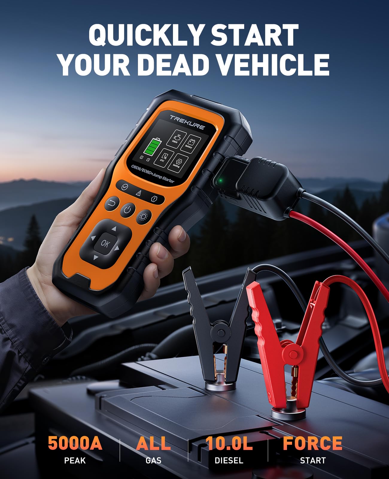 TREKURE 5000A jump starter portable unit side view showing strong start power.